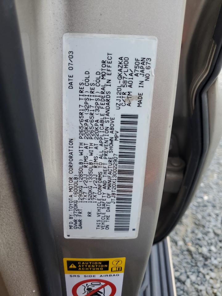 2003 Lexus Gx 470 VIN: JTJBT20X130022907 Lot: 57233555