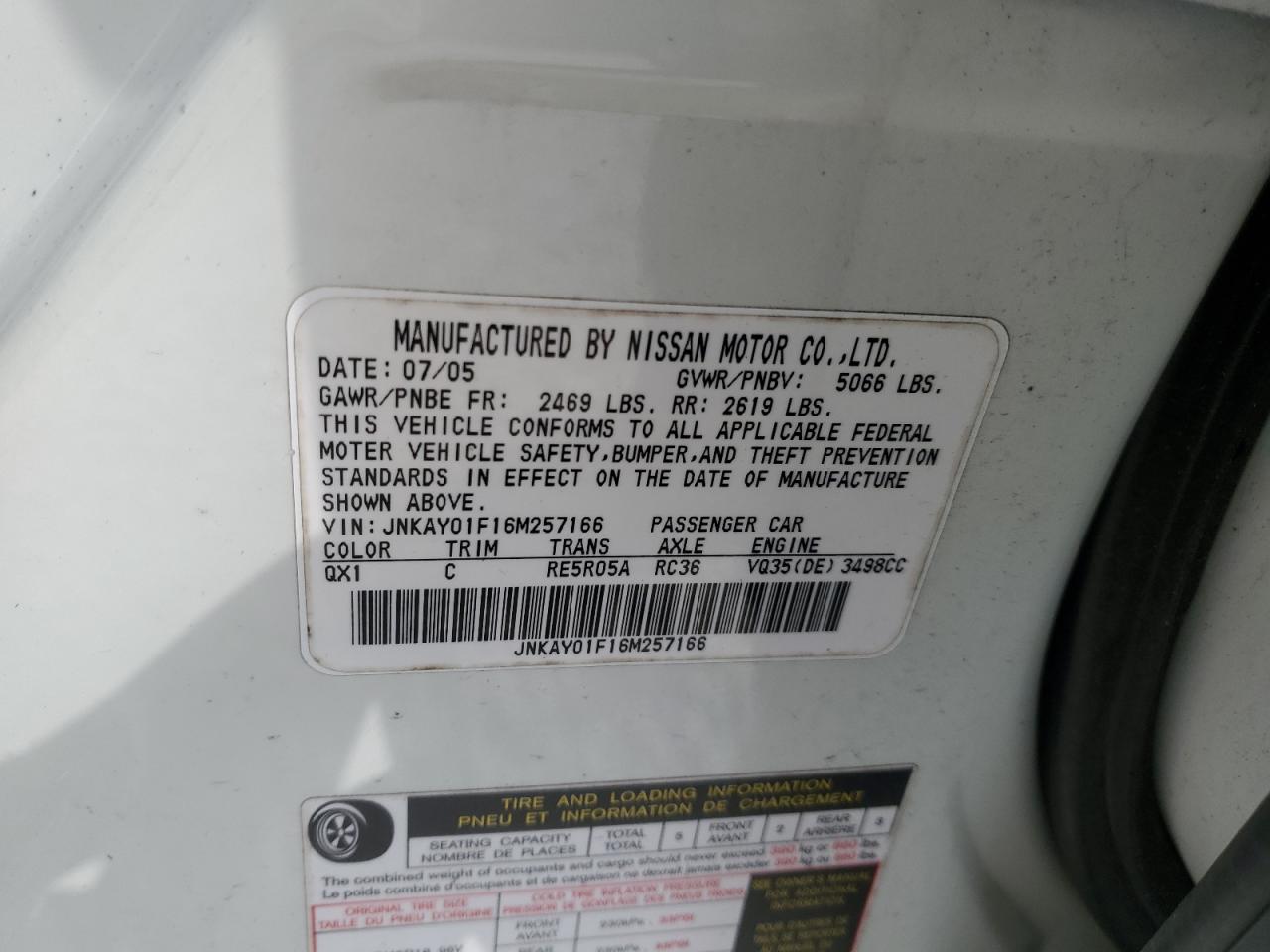 2006 Infiniti M35 Base VIN: JNKAY01F16M257166 Lot: 56470275