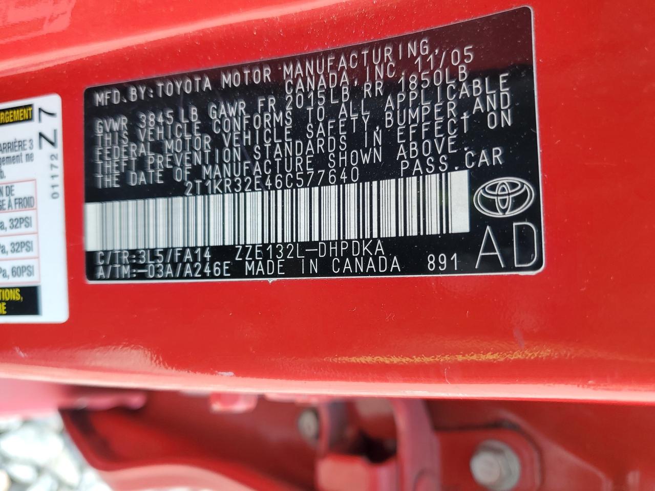 2006 Toyota Corolla Matrix Xr VIN: 2T1KR32E46C577640 Lot: 56704635