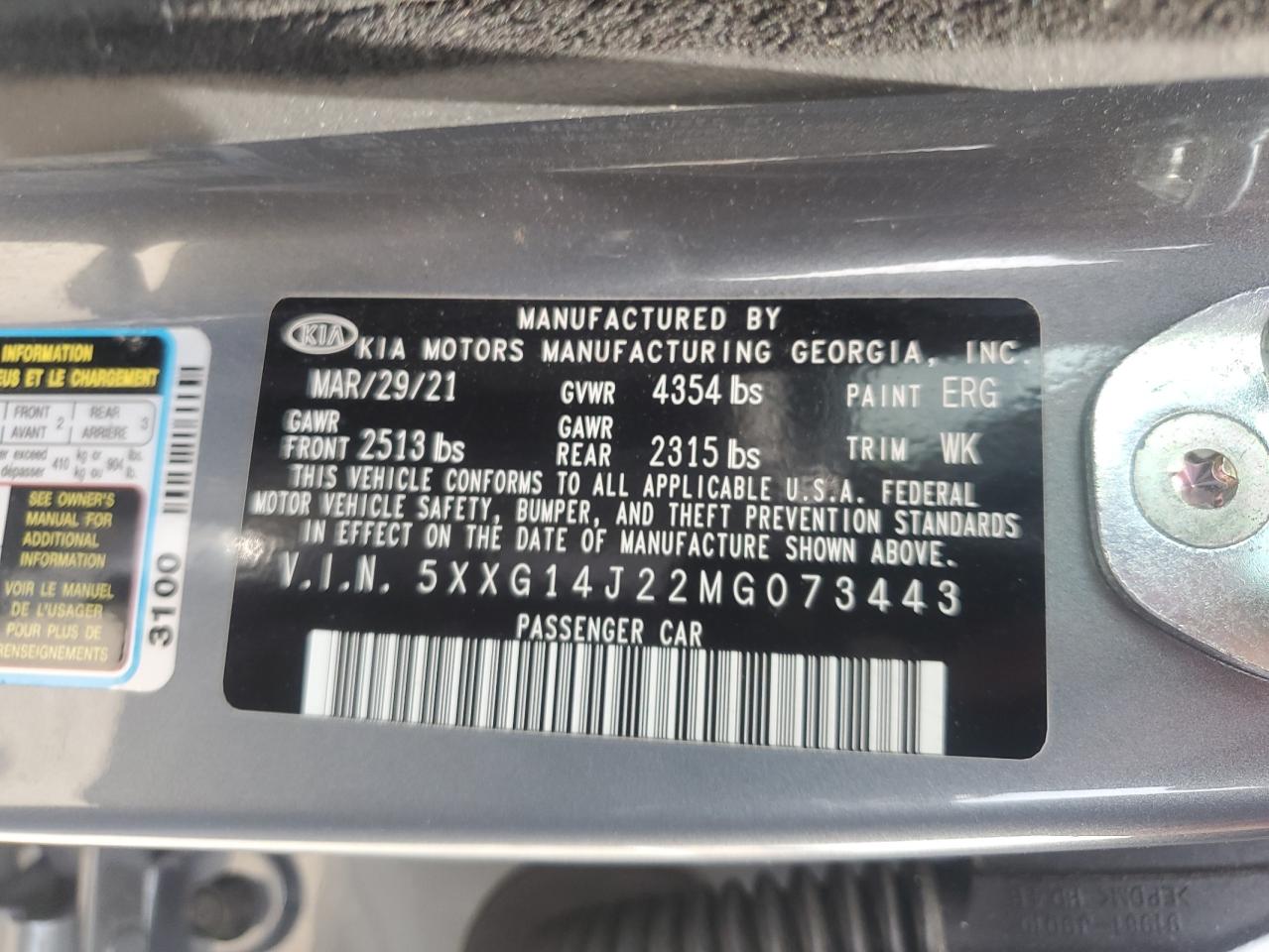 2021 Kia K5 Lxs VIN: 5XXG14J22MG073443 Lot: 55339455