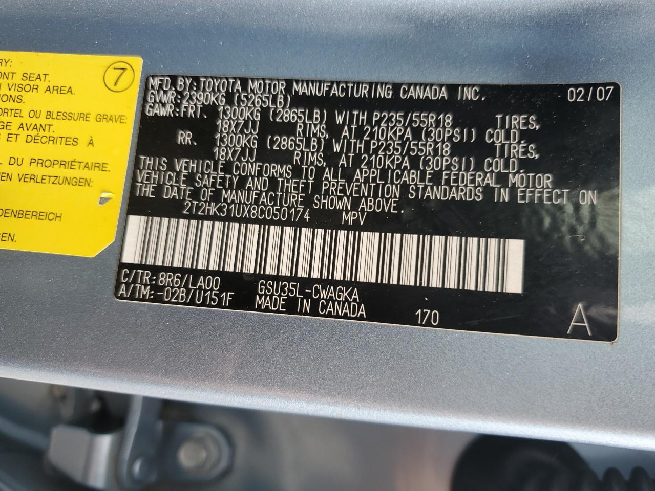 2008 Lexus Rx 350 VIN: 2T2HK31UX8C050174 Lot: 57179335
