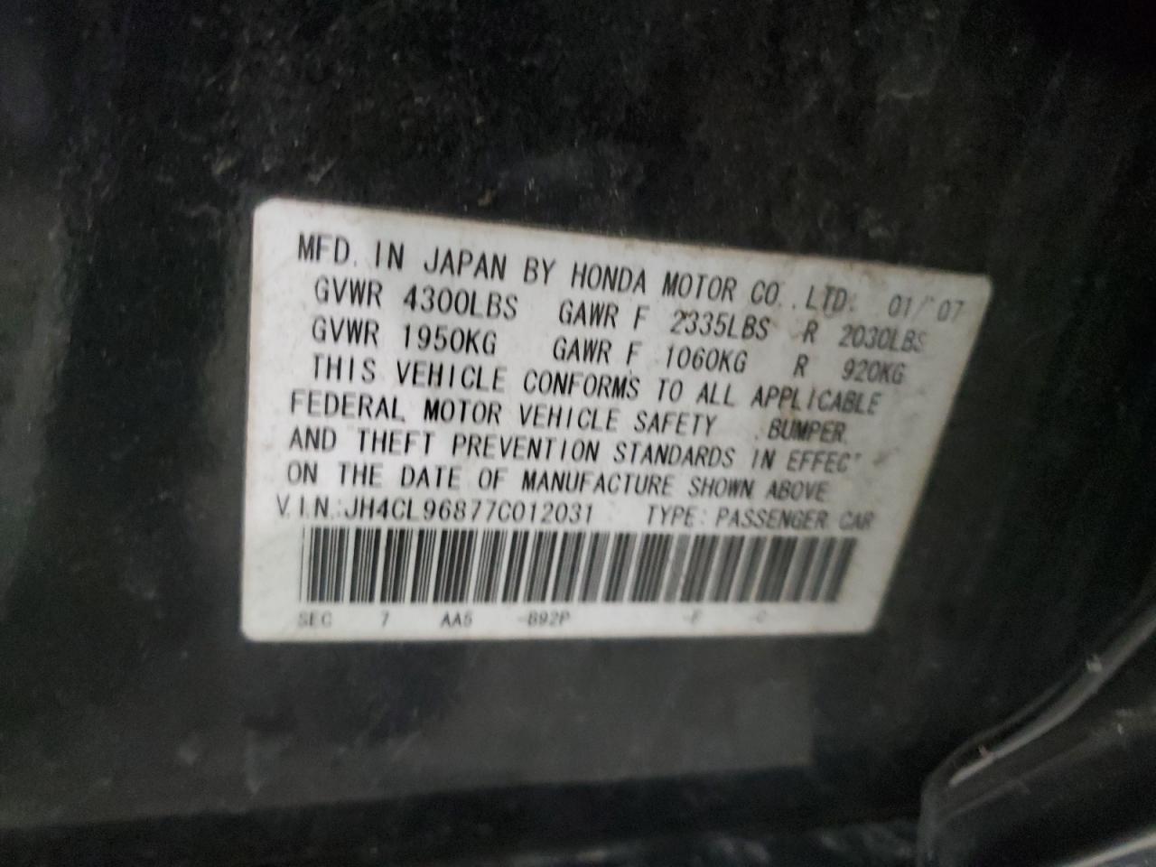 2007 Acura Tsx VIN: JH4CL96877C012031 Lot: 55570415