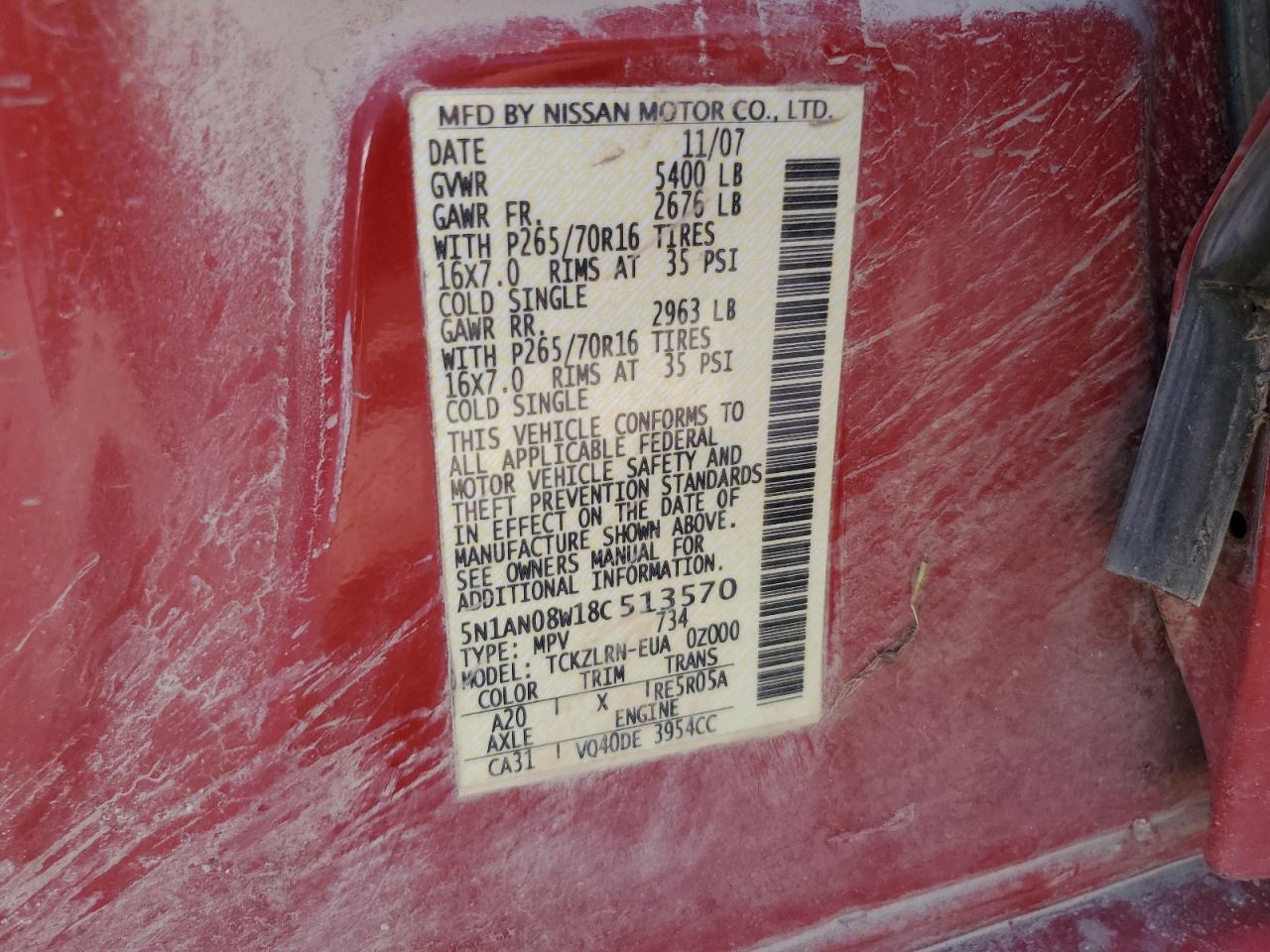 2008 Nissan Xterra Off Road VIN: 5N1AN08W18C513570 Lot: 56960735