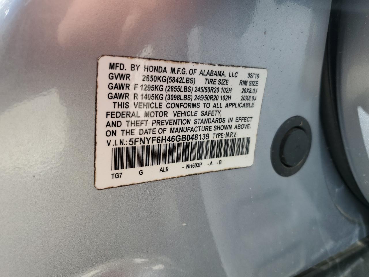 2016 Honda Pilot Exl VIN: 5FNYF5H56GB048130 Lot: 56874475