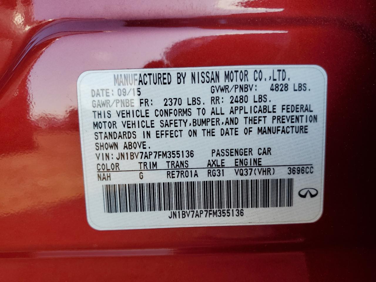 2015 Infiniti Q50 Base VIN: JN1BV7AP7FM355136 Lot: 56586325