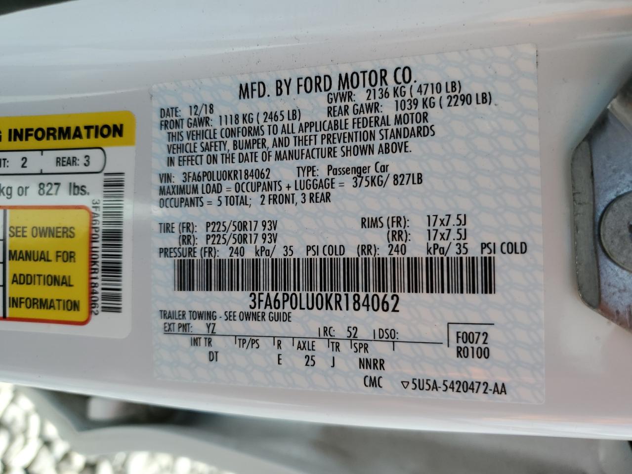 2019 Ford Fusion Se VIN: 3FA6P0LU0KR184062 Lot: 54031585