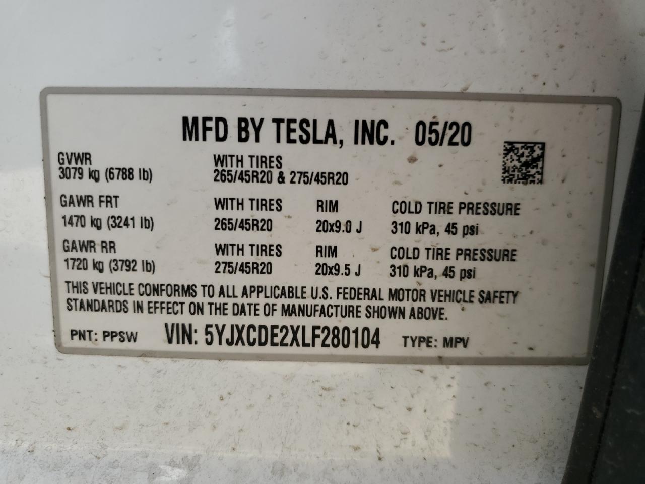 2020 Tesla Model X VIN: 5YJXCDE2XLF280104 Lot: 54129775