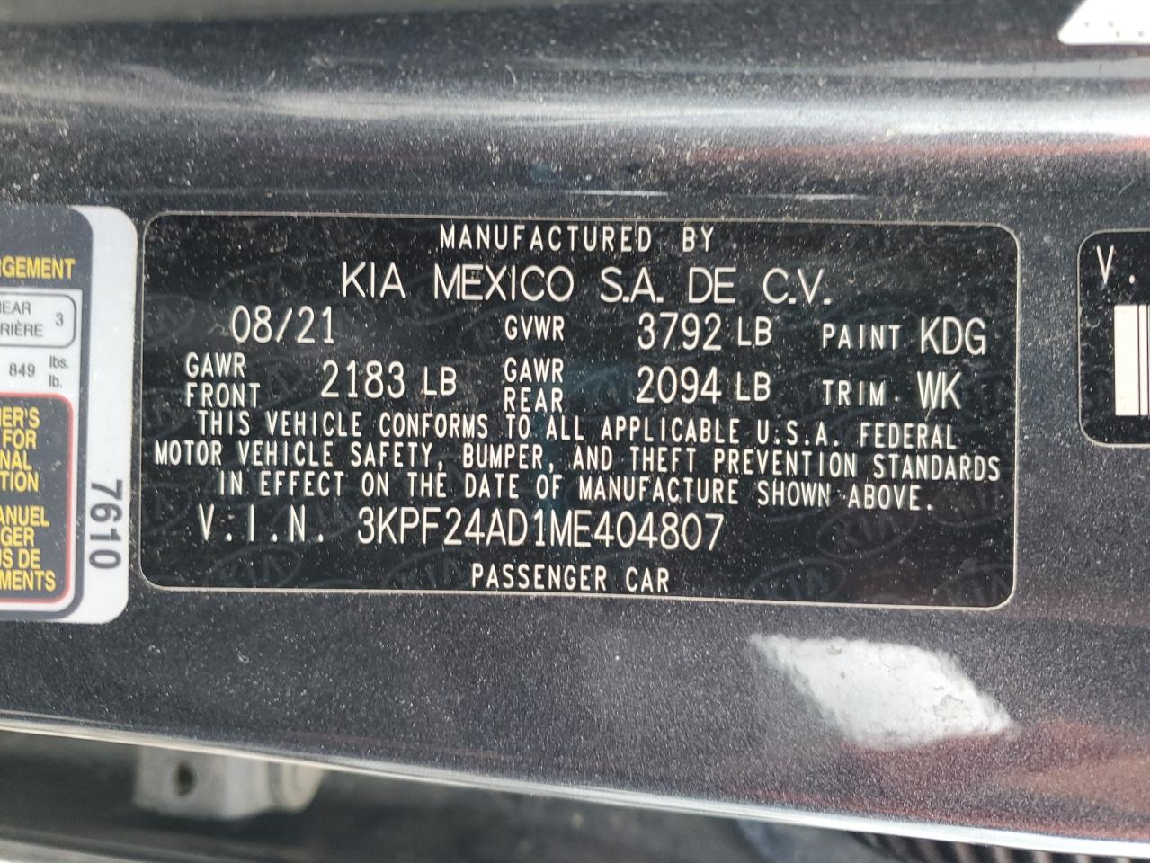2021 Kia Forte Fe VIN: 3KPF24AD1ME404807 Lot: 57224185