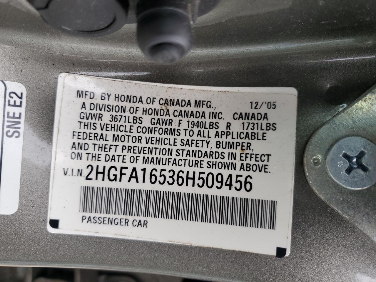 2006 Honda Civic Lx VIN: 2HGFA16536H509456 Lot: 55958415