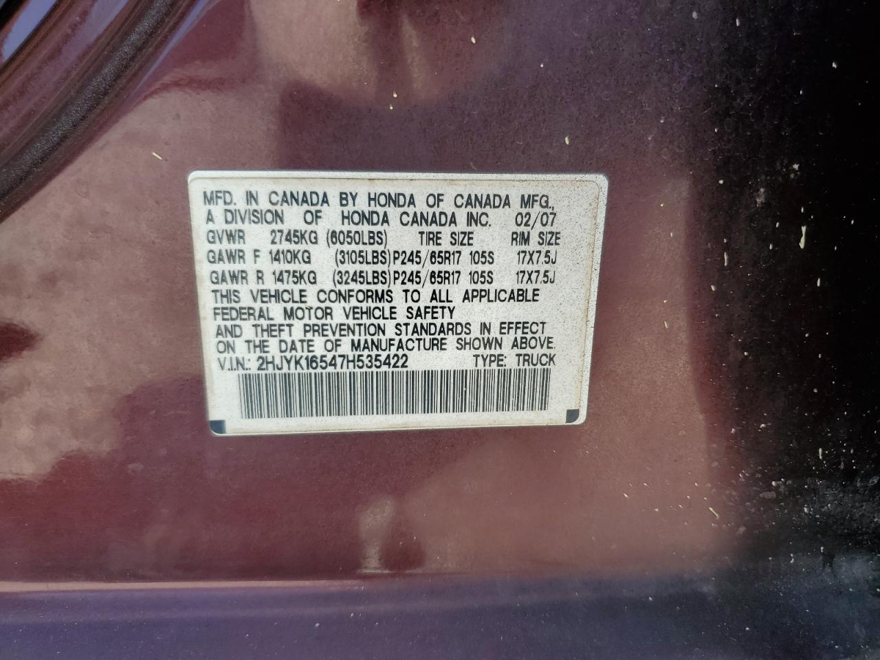 2007 Honda Ridgeline Rtl VIN: 2HJYK16547H535422 Lot: 56928255