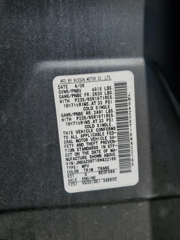 2006 Nissan Murano Sl VIN: JN8AZ08T16W422166 Lot: 56420595