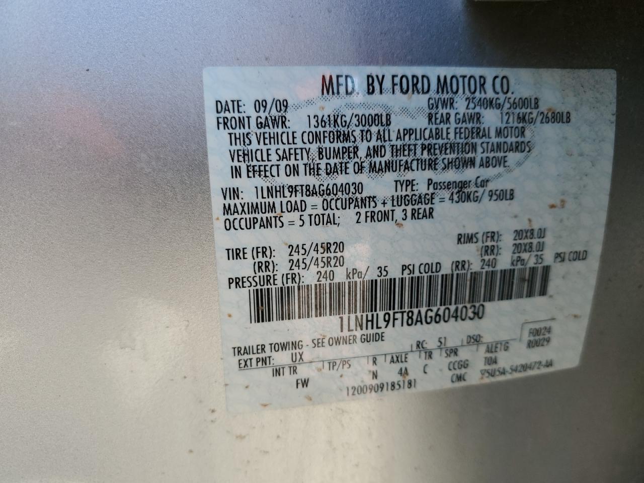 2010 Lincoln Mks VIN: 1LNHL9FT8AG604030 Lot: 56068945