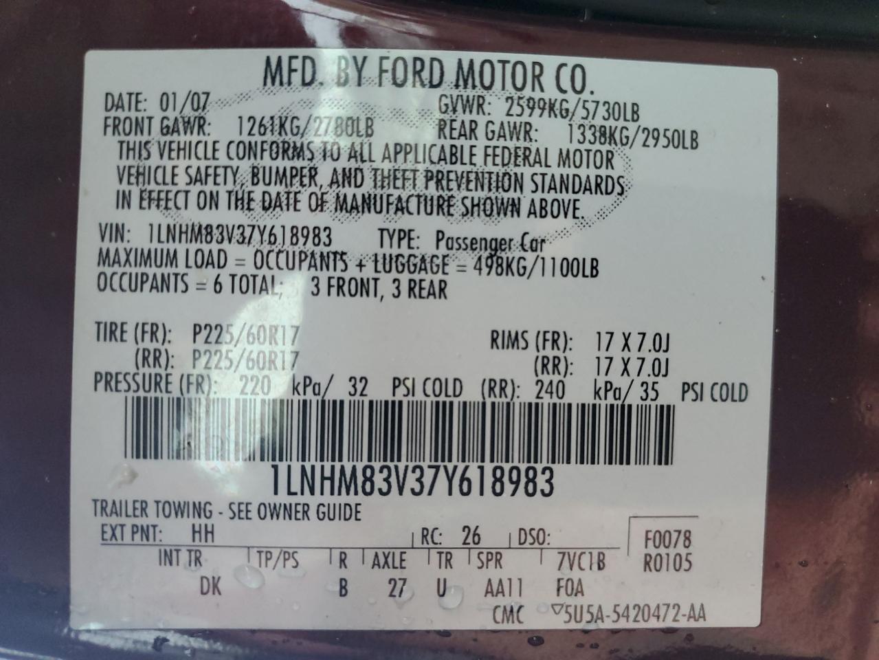 2007 Lincoln Town Car Designer VIN: 1LNHM83V37Y618983 Lot: 56345135