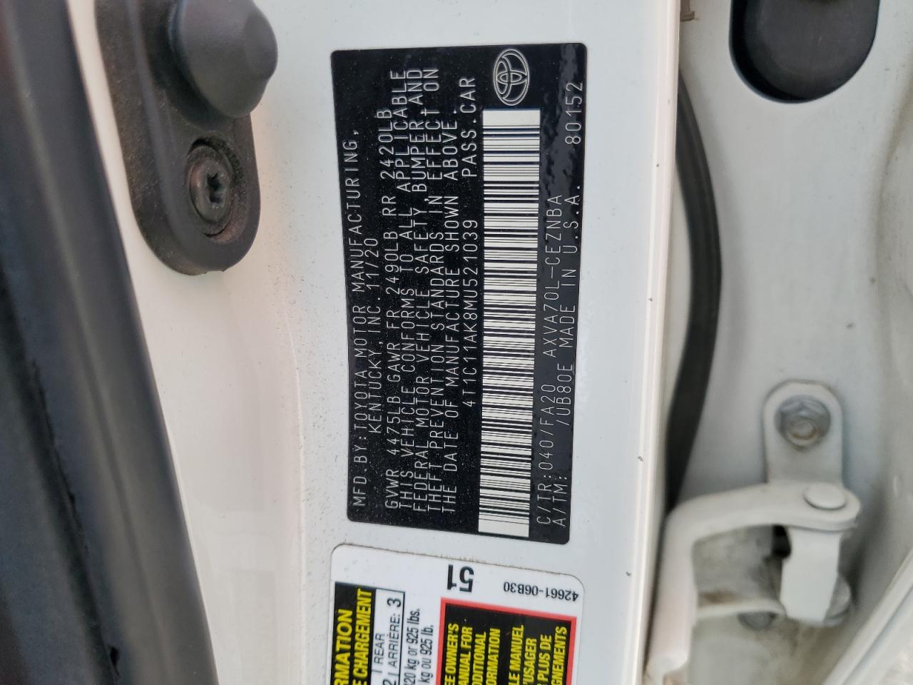 2021 Toyota Camry Le VIN: 4T1C11AK8MU521039 Lot: 56894655