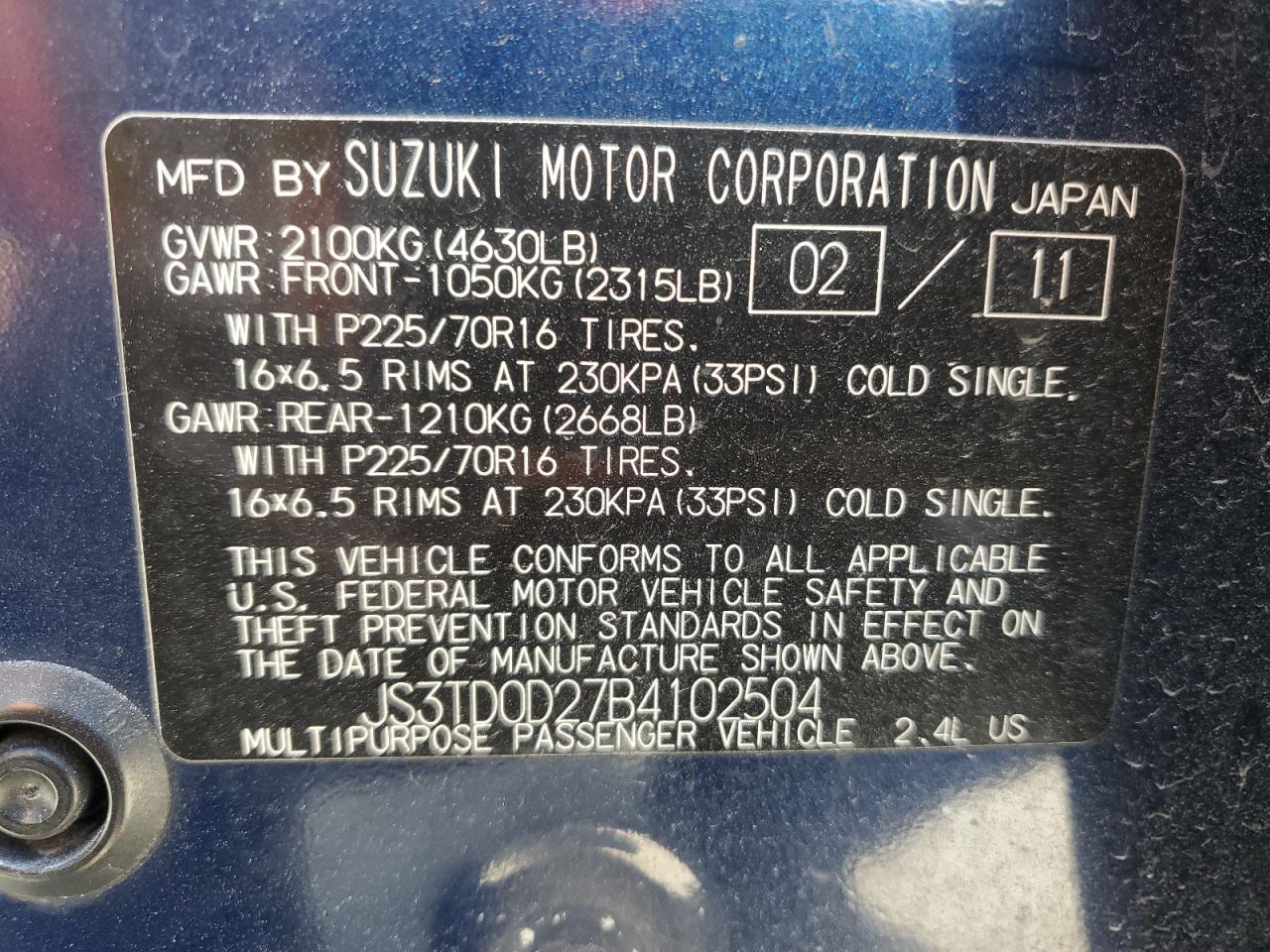 2011 Suzuki Grand Vitara Premium VIN: JS3TD0D27B4102504 Lot: 56973475
