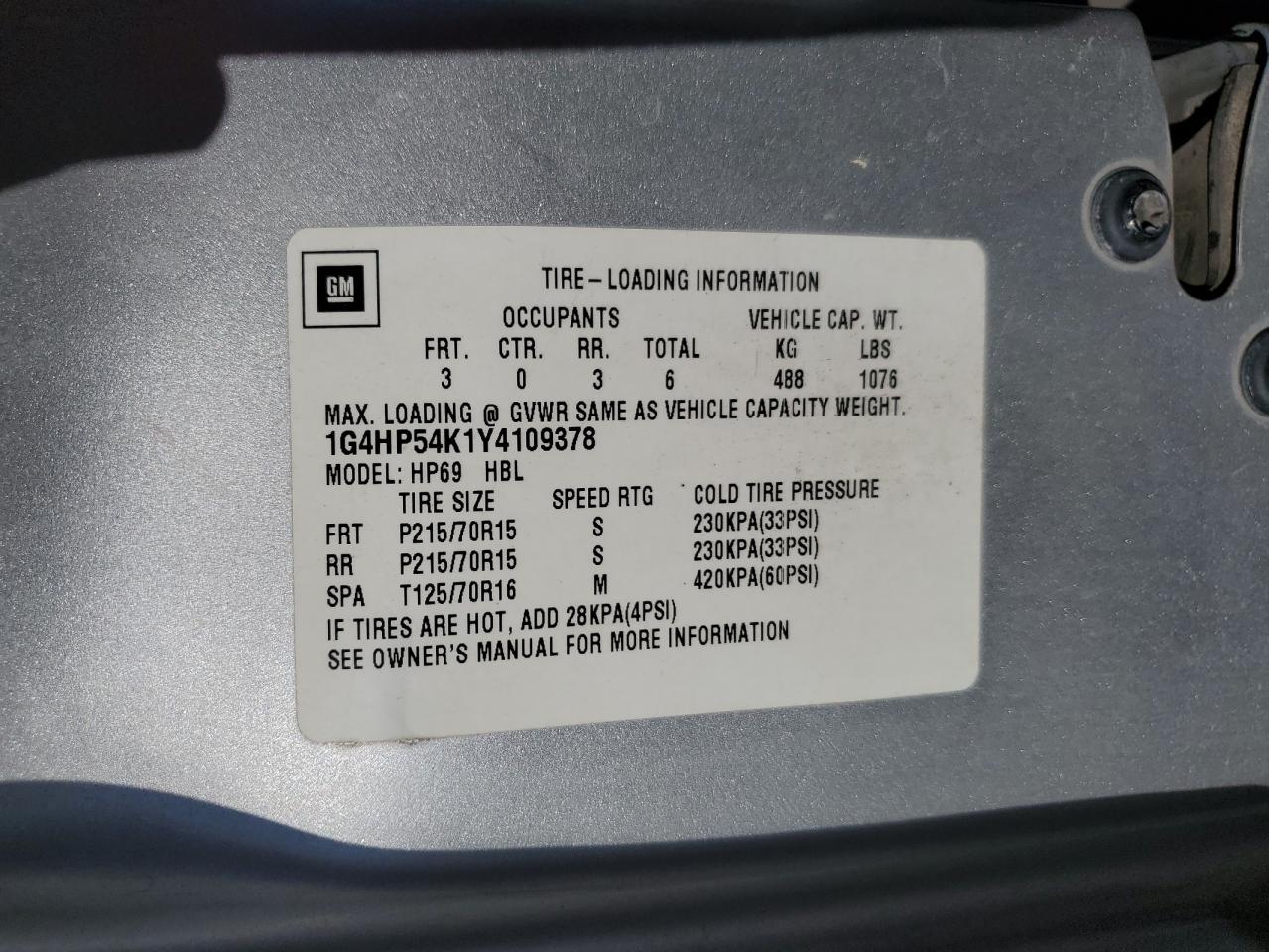 2000 Buick Lesabre Custom VIN: 1G4HP54K1Y4109378 Lot: 56978645