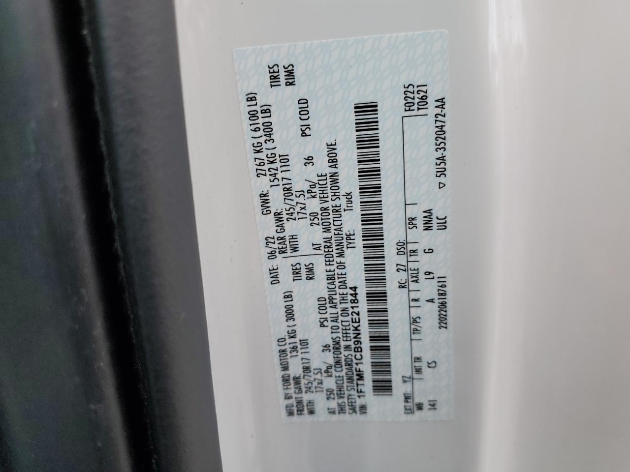 2022 Ford F150 VIN: 1FTMF1CB9NKE21844 Lot: 55749515