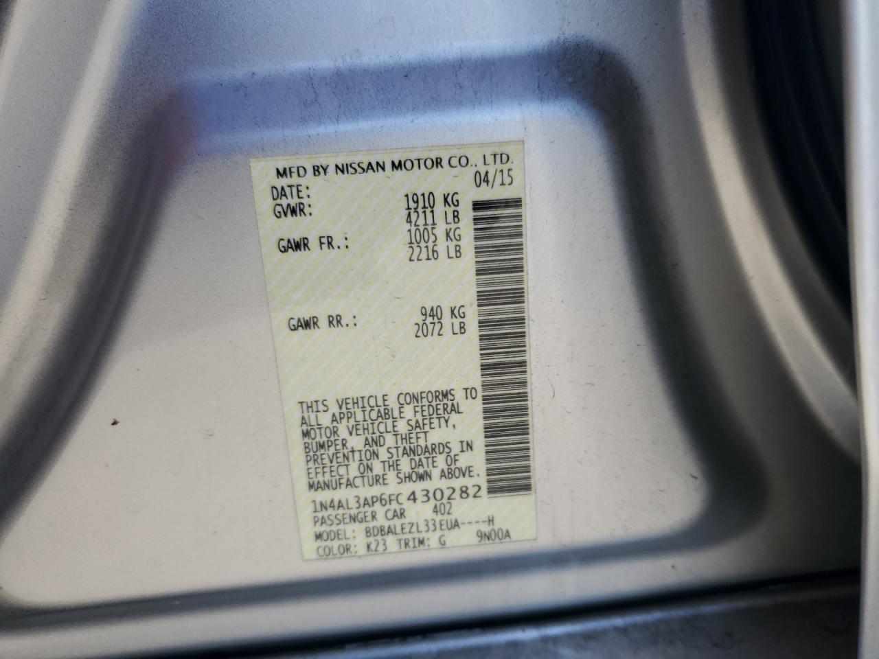 2015 Nissan Altima 2.5 VIN: 1N4AL3AP6FC430282 Lot: 57800105