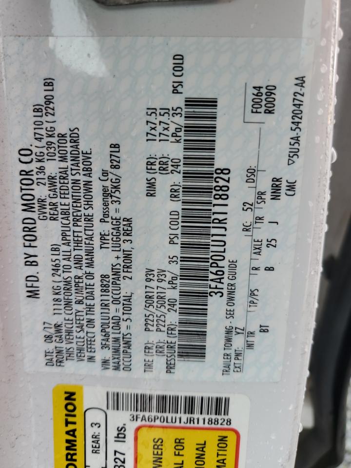 2018 Ford Fusion Se Hybrid VIN: 3FA6P0LU1JR118828 Lot: 54028145