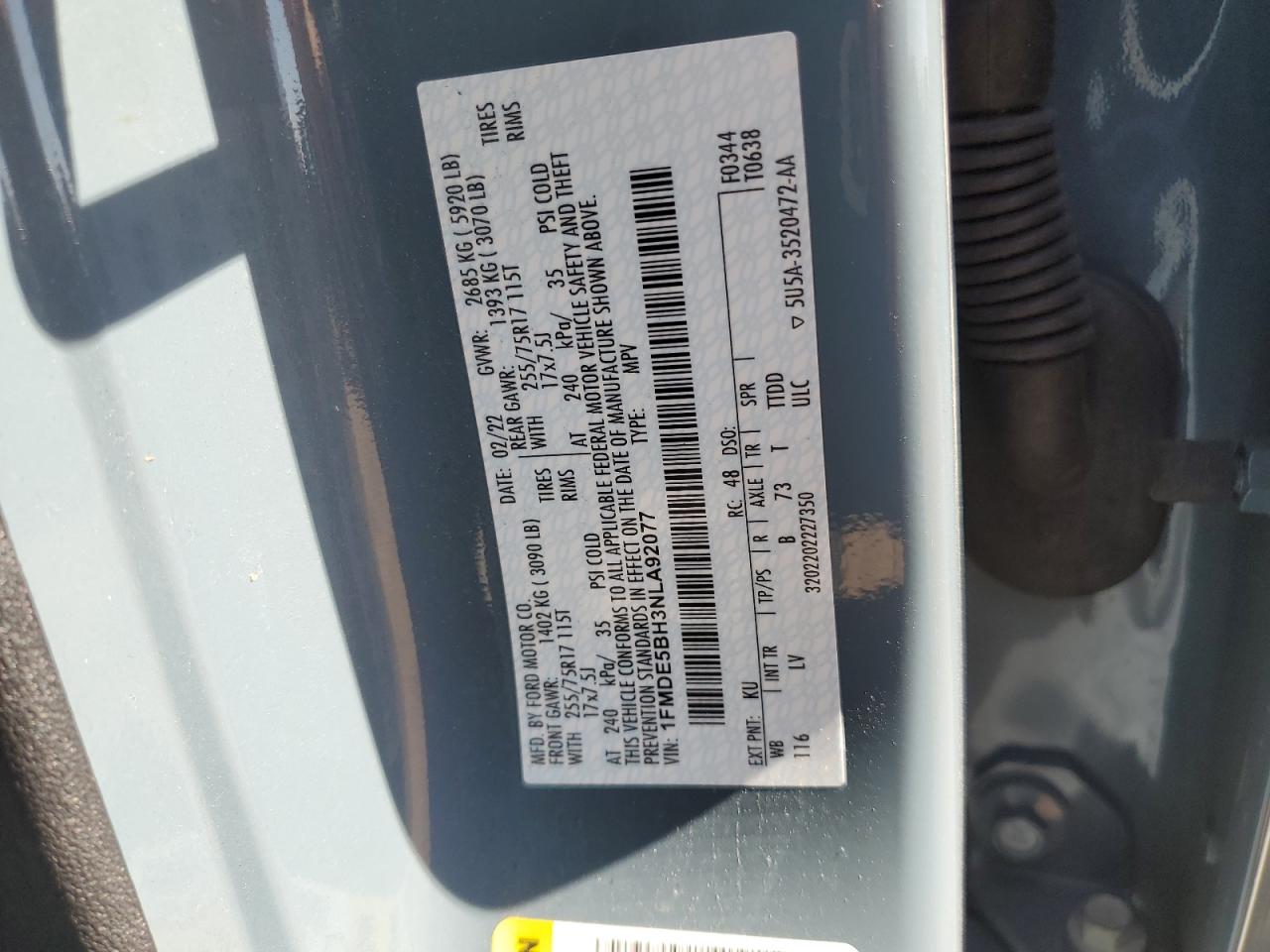 2022 Ford Bronco Base VIN: 1FMDE5BH3NLA92077 Lot: 54380065