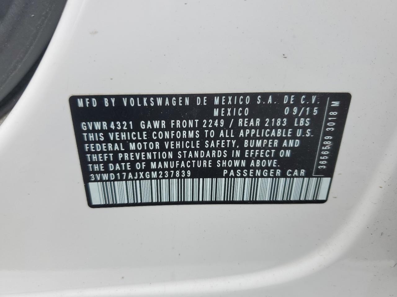 2016 Volkswagen Jetta Sport VIN: 3VWD17AJXGM237839 Lot: 59002305