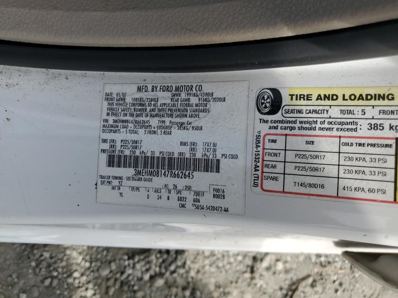 2007 Mercury Milan Premier VIN: 3MEHM08147R662645 Lot: 55402535
