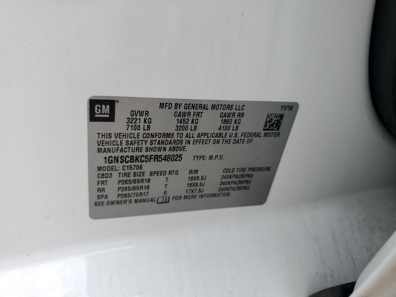 2015 Chevrolet Tahoe C1500 Lt VIN: 1GNSCBKC5FR548025 Lot: 56926065