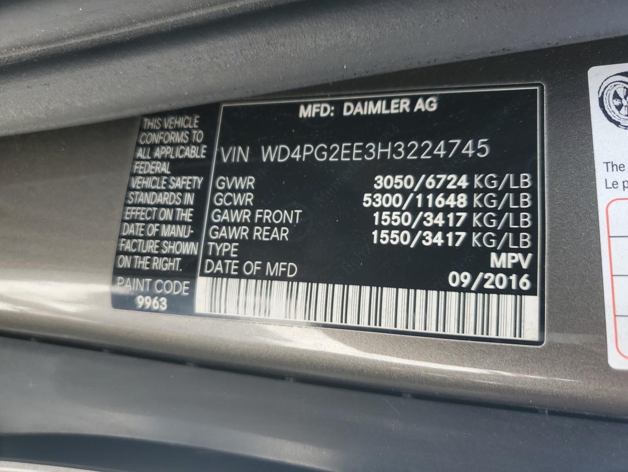 2017 Mercedes-Benz Metris VIN: WD4PG2EE3H3224745 Lot: 57294915