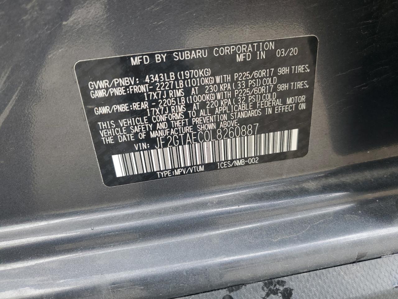 2020 Subaru Crosstrek Premium VIN: JF2GTAEC0L8260887 Lot: 56935955