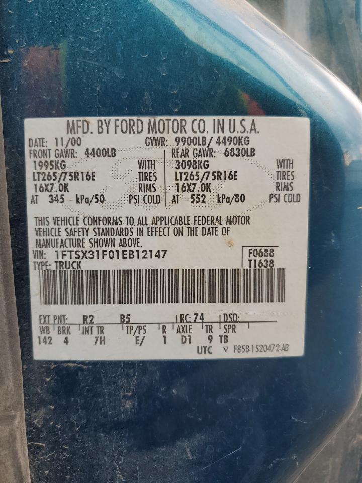 2001 Ford F350 Srw Super Duty VIN: 1FTSX31F01EB12147 Lot: 56803545
