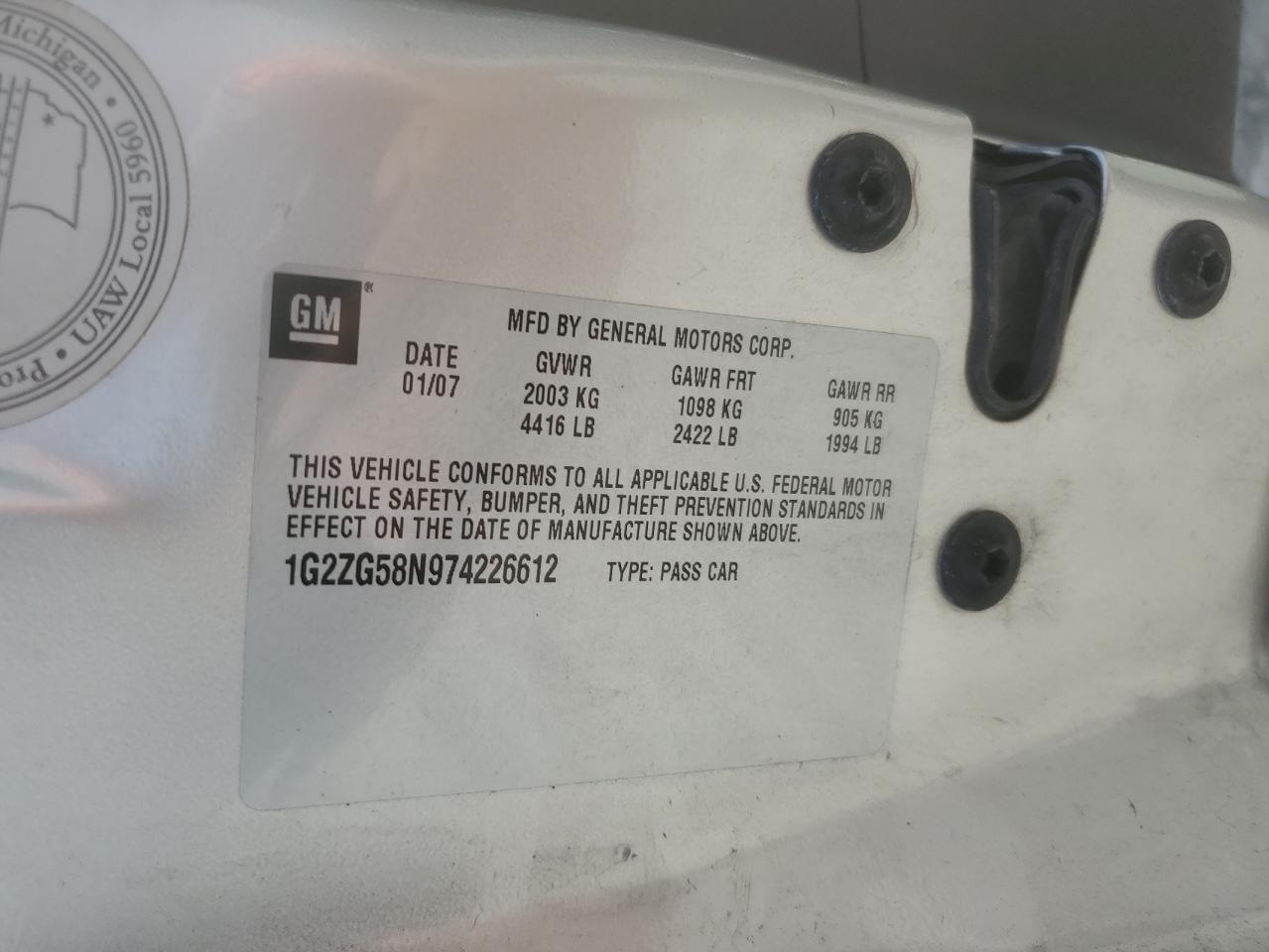 2007 Pontiac G6 Base VIN: 1G2ZG58N974226612 Lot: 56934025