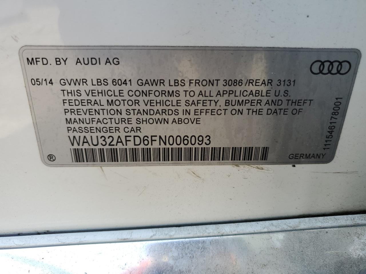 2015 Audi A8 L Quattro VIN: WAU32AFD6FN006093 Lot: 55259555