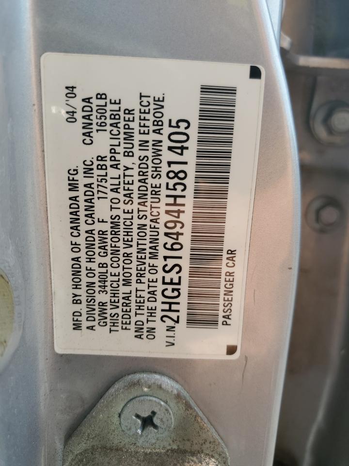 2004 Honda Civic Dx VIN: 2HGES16494H581405 Lot: 58975835