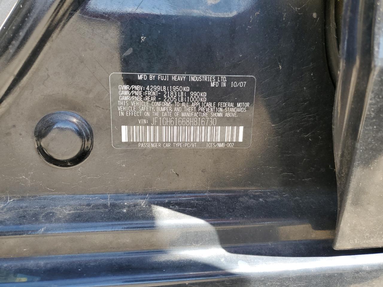 2008 Subaru Impreza 2.5I VIN: JF1GH61668H816730 Lot: 57443465