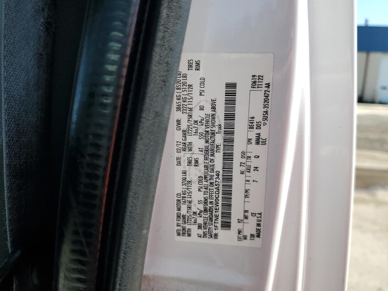 2012 Ford Econoline E150 Van VIN: 1FTNE1EW0CDA57340 Lot: 57285945