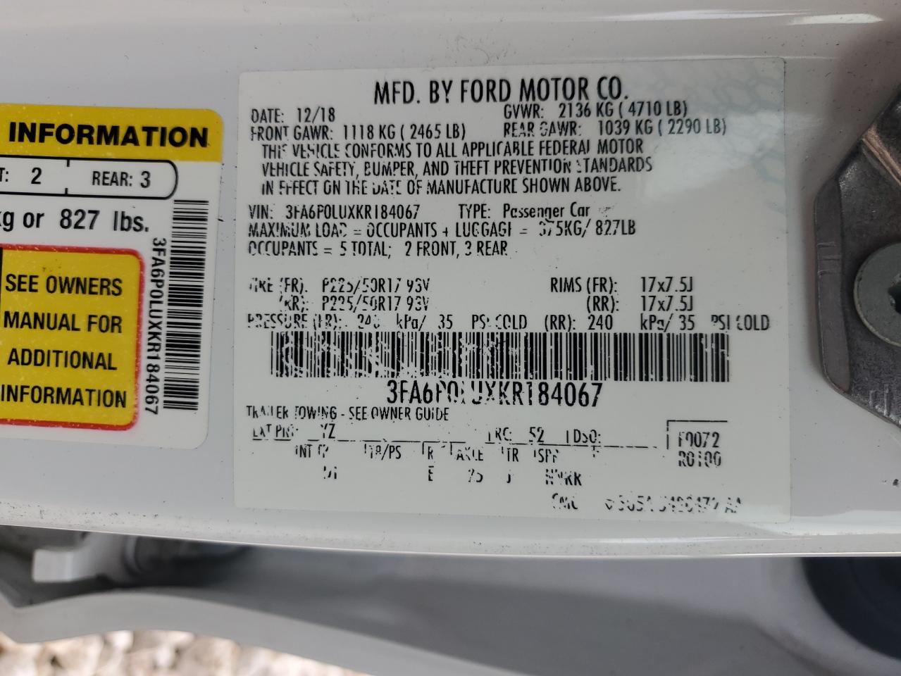 2019 Ford Fusion Se VIN: 3FA6P0LUXKR184067 Lot: 54039075