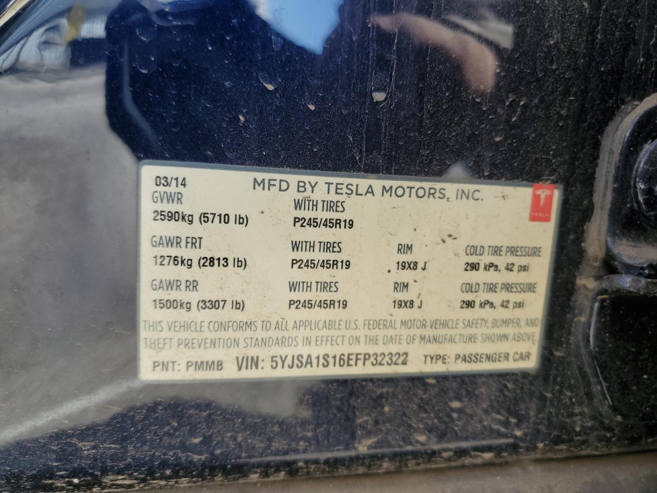 2014 Tesla Model S VIN: 5YJSA1S16EFP32322 Lot: 57327215