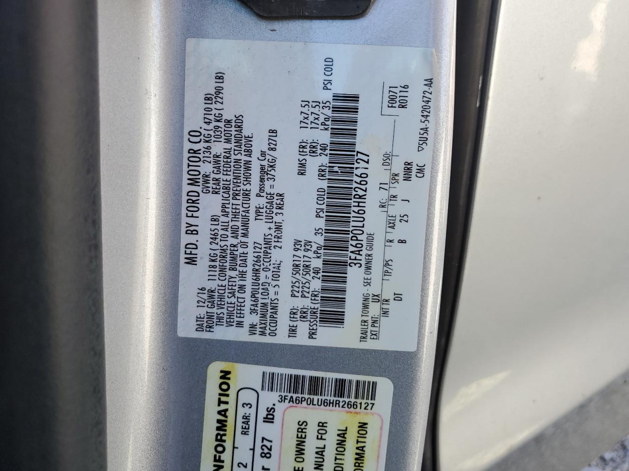 2017 Ford Fusion Se Hybrid VIN: 3FA6P0LU6HR266127 Lot: 56301775