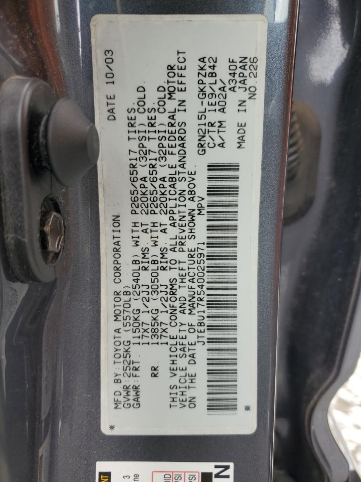 2004 Toyota 4Runner Limited VIN: JTEBU17R540025971 Lot: 57279835