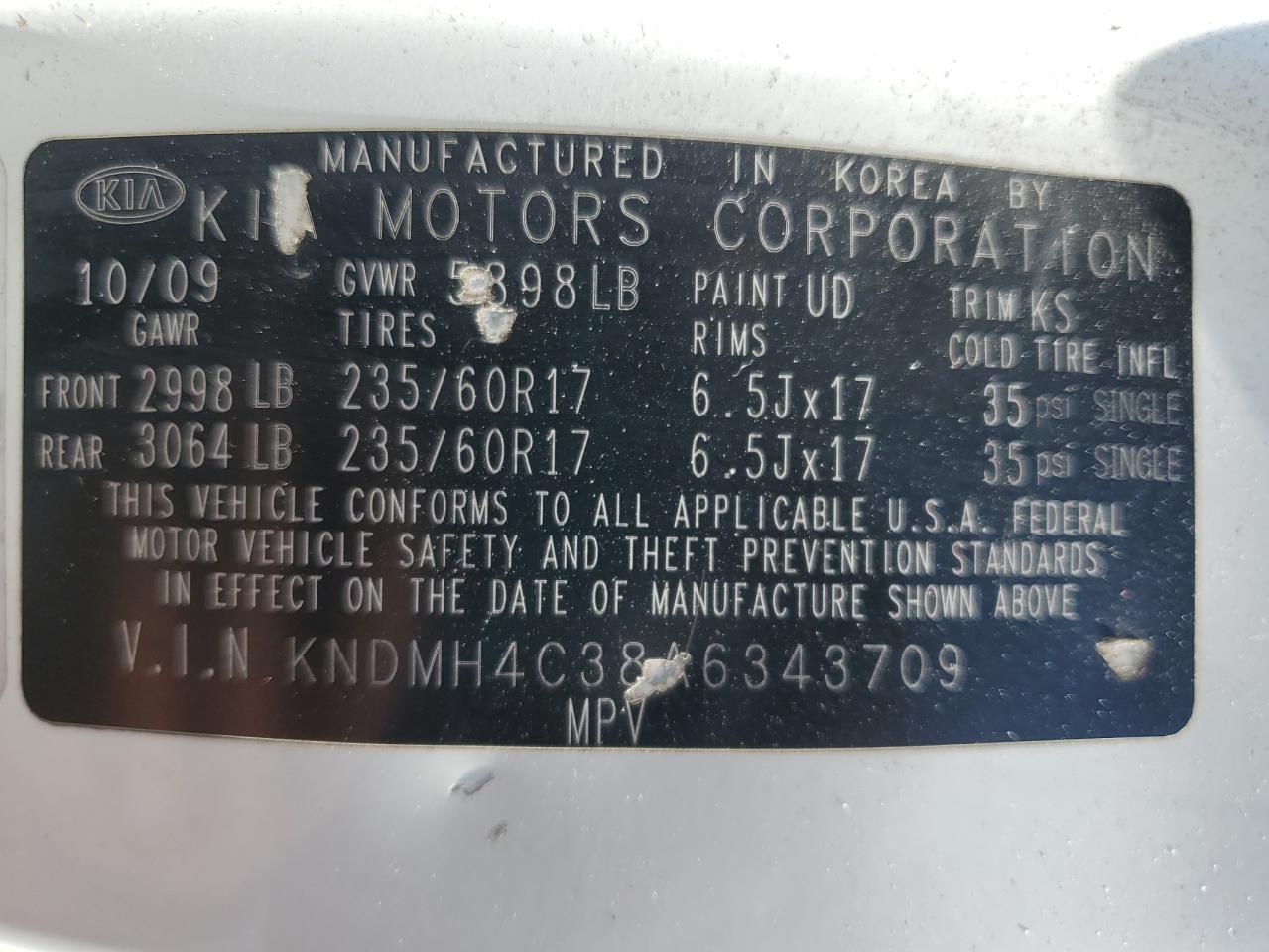 2010 Kia Sedona Ex VIN: KNDMH4C38A6343709 Lot: 58525735