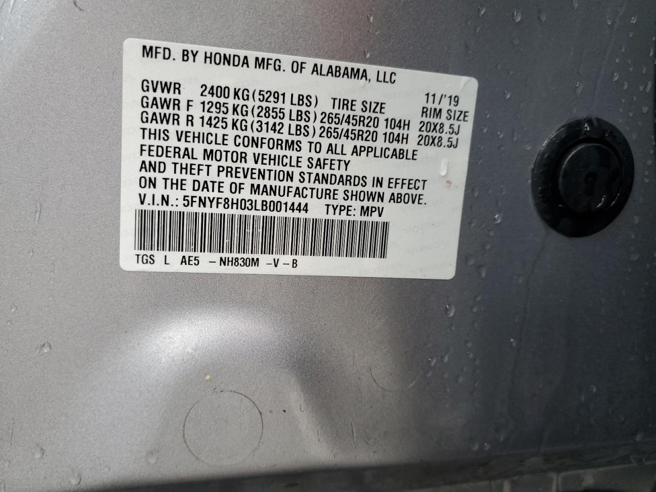 2020 Honda Passport Elite VIN: 5FNYF8H03LB001444 Lot: 56762515