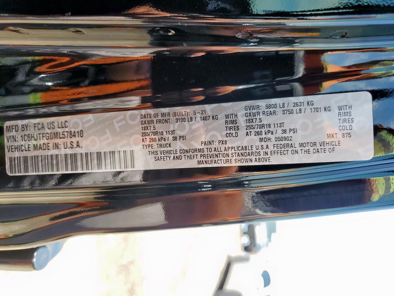2021 Jeep Gladiator Overland VIN: 1C6HJTFG0ML578410 Lot: 58590995