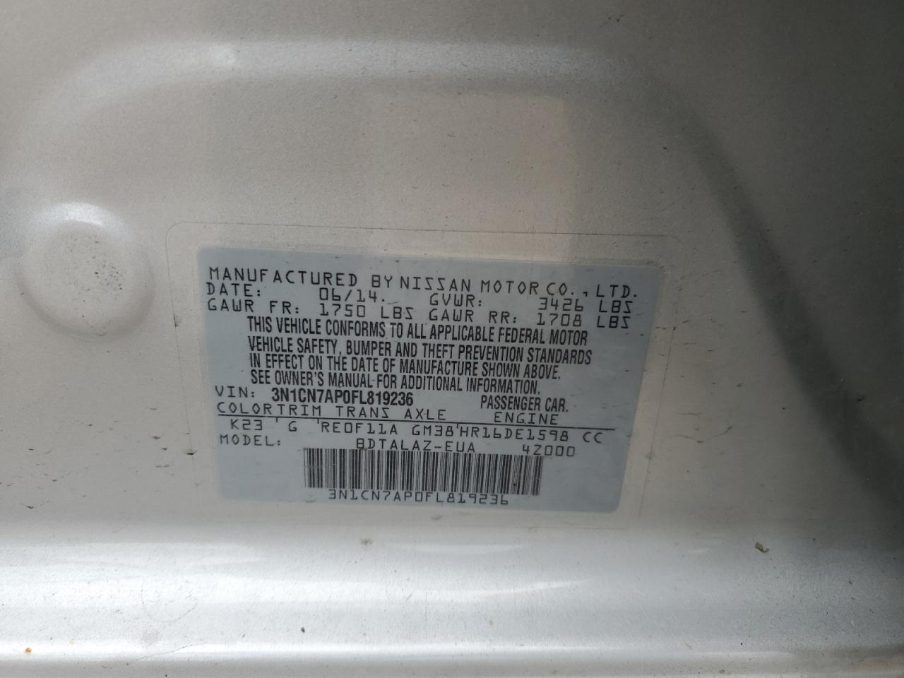 2015 Nissan Versa S VIN: 3N1CN7AP0FL819236 Lot: 57046475