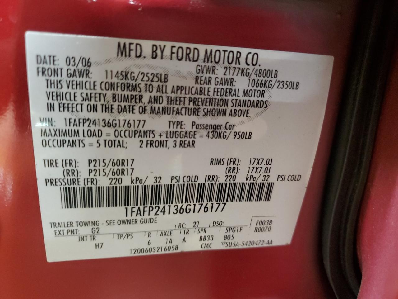 2006 Ford Five Hundred Sel VIN: 1FAFP24136G176177 Lot: 58806125