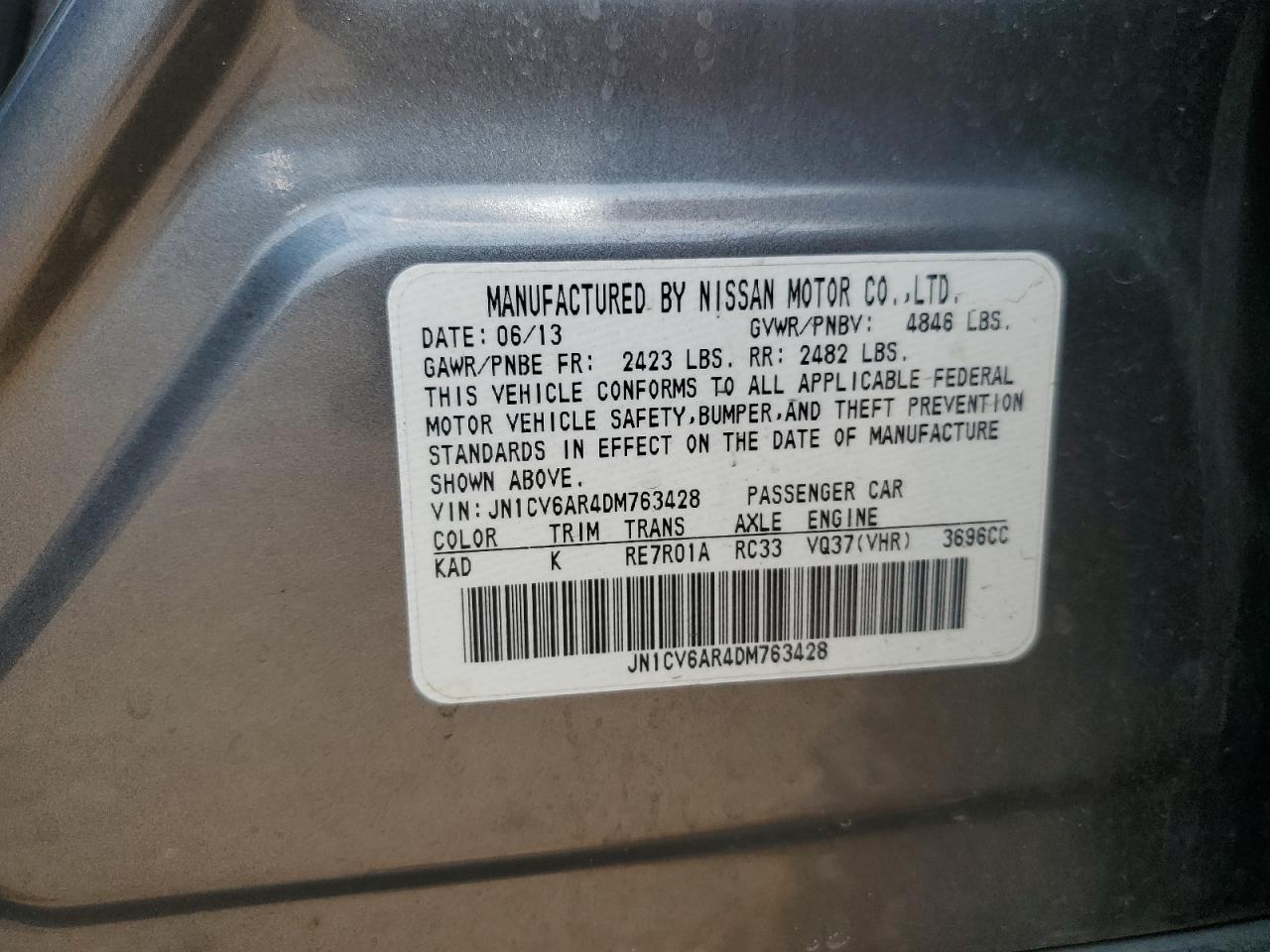 2013 Infiniti G37 VIN: JN1CV6AR4DM763428 Lot: 56833925