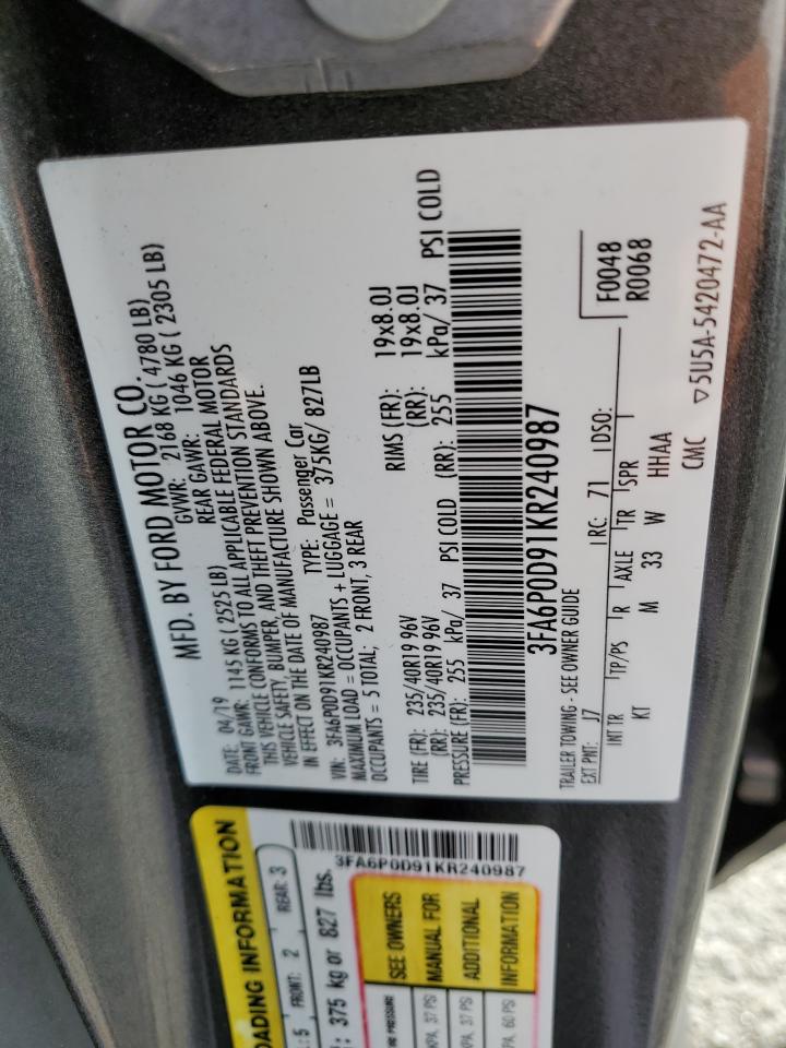2019 Ford Fusion Titanium VIN: 3FA6P0D91KR240987 Lot: 57500305