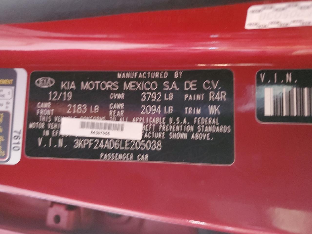 2020 Kia Forte Fe VIN: 3KPF24AD6LE205038 Lot: 55658935