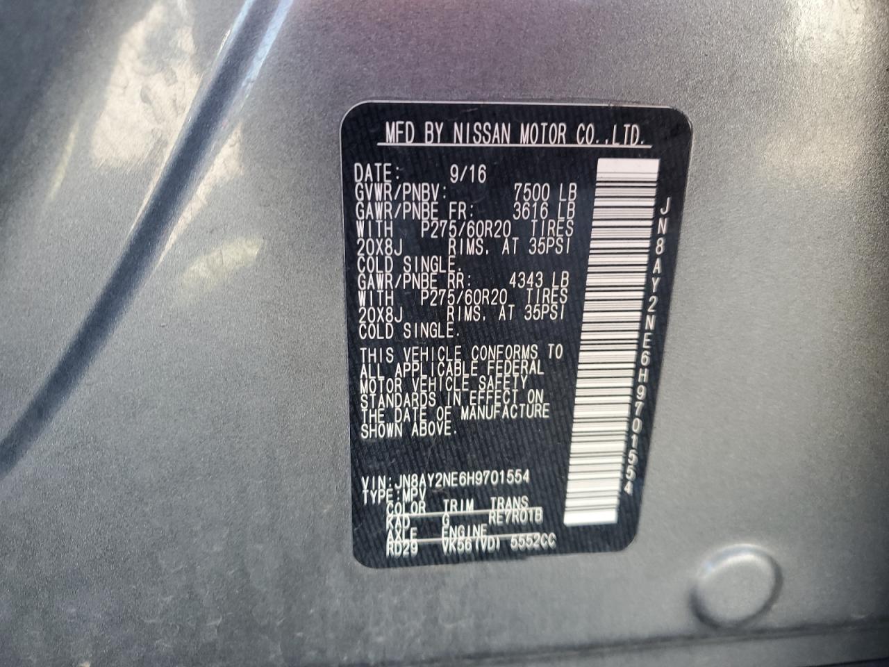 2017 Nissan Armada Platinum VIN: JN8AY2NE6H9701554 Lot: 57306605