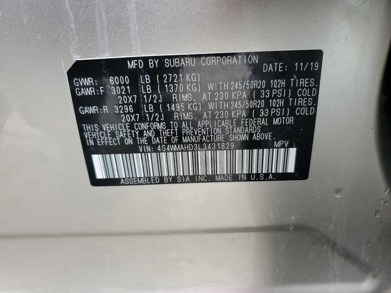 2020 Subaru Ascent Premium VIN: 4S4WMAHD3L3431829 Lot: 56898215