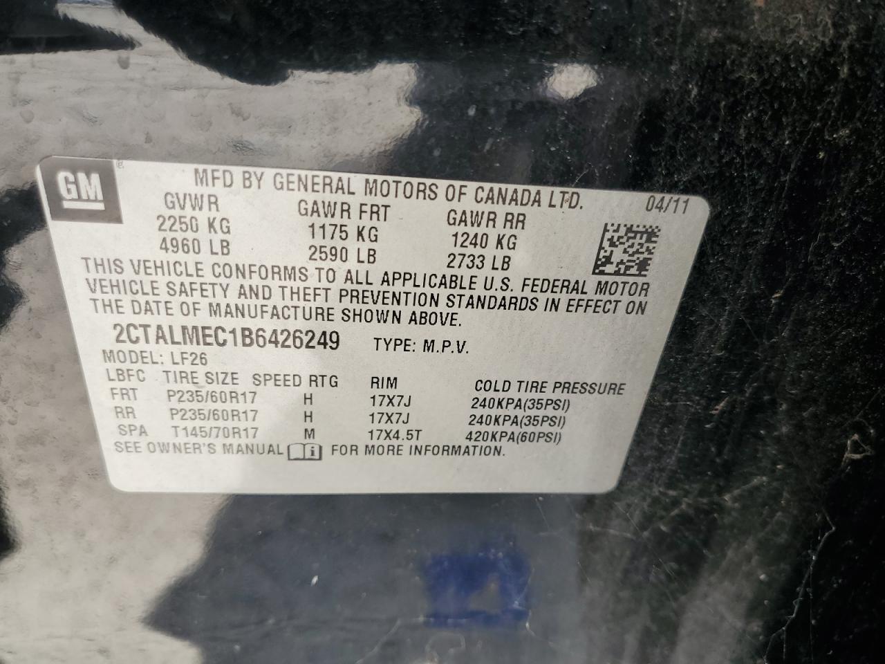 2011 GMC Terrain Sle VIN: 2CTALMEC1B6426249 Lot: 57361095